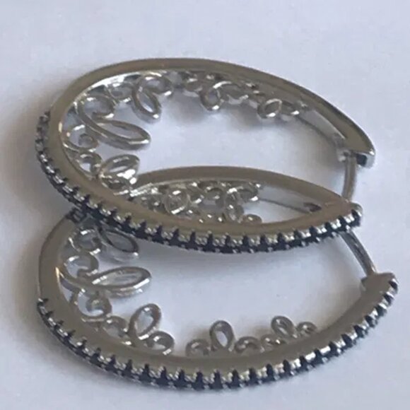Filigree Silver Black Spinel Sim Channel Set Vintage Style Hoop Earrings NWT - Picture 6 of 6